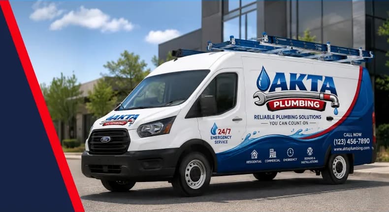 Akta Plumbing service van parked outside a building