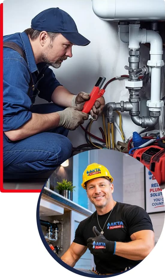 Plumber repairing pipes under a sink, with a smiling Akta technician inset